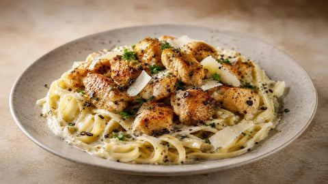 Bouchées de poulet au beurre de Truffe et pâtes crémeuses au parmesan