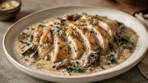 Poulet crémeux aux champignons, épinards et sauce à la Truffe