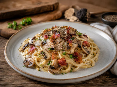Spaghetti crémeux aux champignons, Truffes et bacon