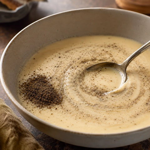 Poudre de truffe noire d'hiver (Tuber brumale) incorporée à une sauce crémeuse pour une répartition homogène
