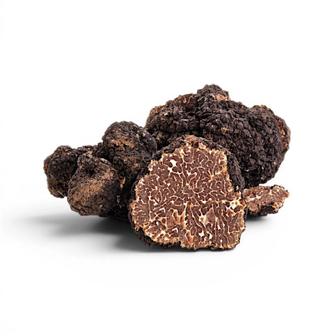 Truffes de Bourgogne entières et coupées Tuber uncinatum présentant un intérieur marbré brun mûr