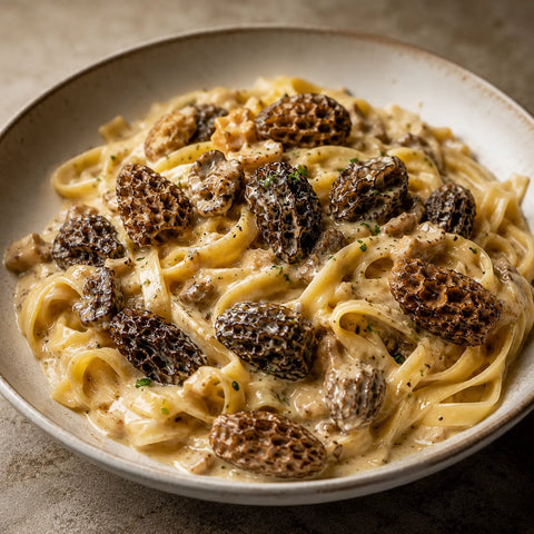 Morilles Morchella esculenta réhydratées et bien cuites dans une sauce crémeuse