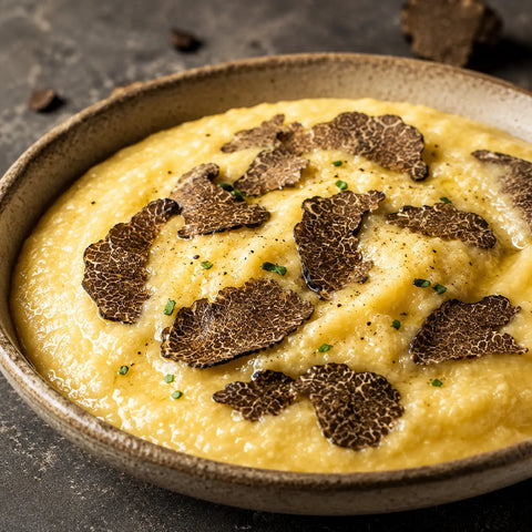 Tranches de truffe noire d'hiver réhydratées Tuber brumale incorporées dans une polenta crémeuse