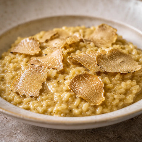 Tranches de truffe blanche réhydratées Tuber magnatum Pico incorporées à un risotto crémeux