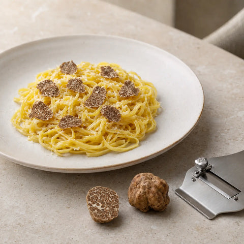 Fines lamelles de Tuber borchii frais sur des pâtes chaudes avec du beurre et du fromage doux
