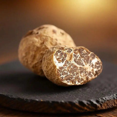 Truffes fraîches de catégorie EXTRA Tuber borchii, avec un spécimen coupé montrant l'intérieur brun naturellement veiné