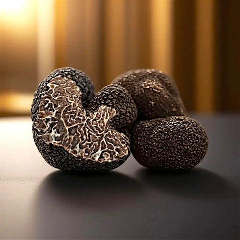 Truffe noire d'hiver fraîche Tuber brumale de catégorie A, à l'extérieur foncé texturé et à l'intérieur marbré apparent