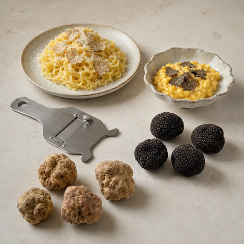 Truffes blanches et noires fraîches, prêtes à être coupées en fines lamelles et servies, à côté de plats simples