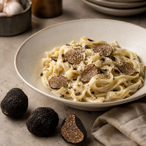 Truffe noire d'hiver surgelée Tuber brumale servie sur des tagliatelles crémeuses avec une truffe coupée et des truffes entières à côté du plat