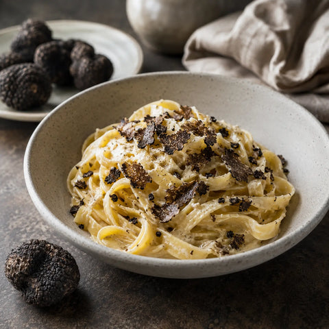 Truffe surgelée Tuber melanosporum servie sur des pâtes crémeuses dans une présentation culinaire raffinée