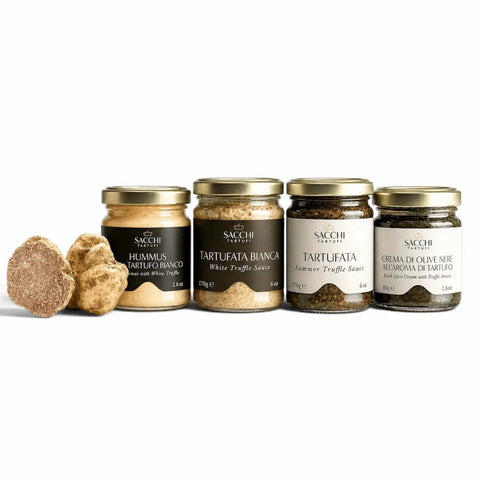 Coffret cadeau Gourmet Trio avec Tartufata, sauce Alfredo à la truffe blanche et huile d’olive aromatisée à la truffe blanche