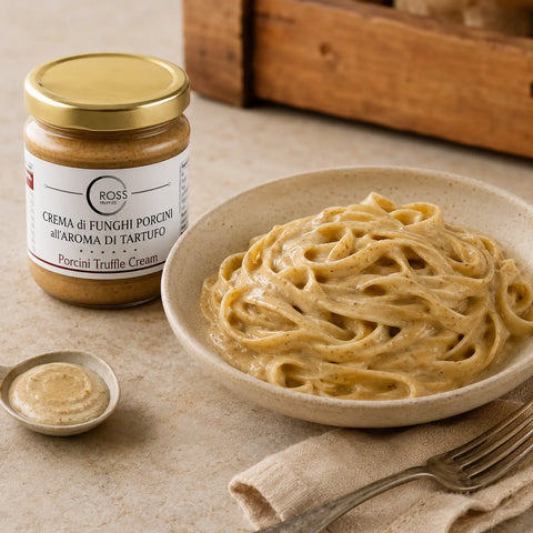 Crème de cèpes avec Boletus edulis incorporée à des tagliatelles chaudes et crémeuses