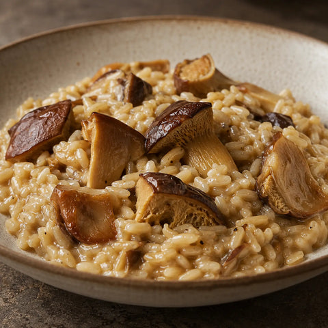 Cèpes Boletus edulis réhydratés et bien cuits dans un risotto crémeux.