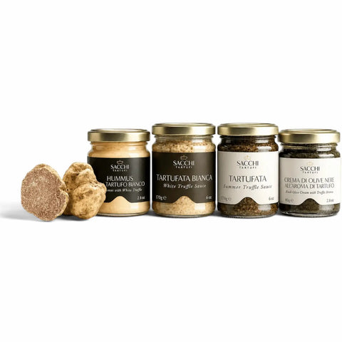 Coffret cadeau Trilogy contenant de la Tartufata blanche, de la Tartufata noire et de la sauce Alfredo à la truffe blanche en trois pots de 30 g