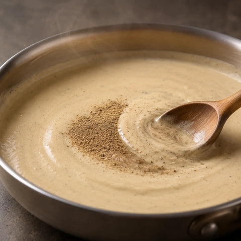 Poudre de truffe Tuber aestivum incorporée à une sauce crémeuse pour une répartition uniforme