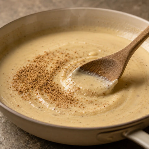 Poudre de truffe (Tuber borchii) incorporée à une sauce crémeuse pour une répartition homogène