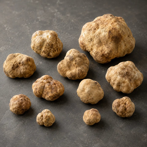 Truffes blanches fraîches Tuber magnatum sélectionnées dans différentes tailles et formes naturelles