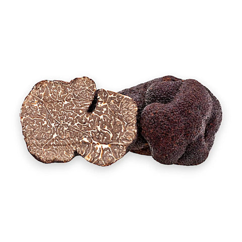 Truffes noires Tuber melanosporum entières et coupées, montrant leur intérieur sombre et marbré
