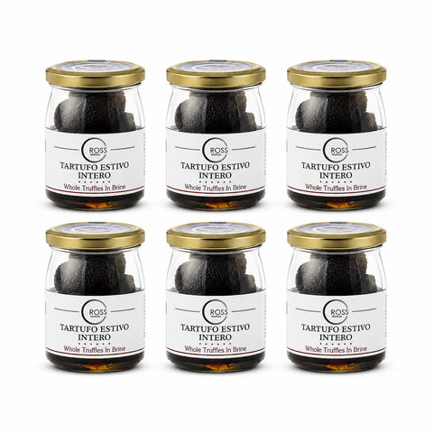 Six pots de 300 g de truffes d'été entières Tuber aestivum conservées en saumure